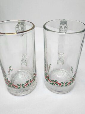 2 Arby's Libbey Christmas Holiday Holly Berry Beer Steins Mugs Glasses Gold Rim